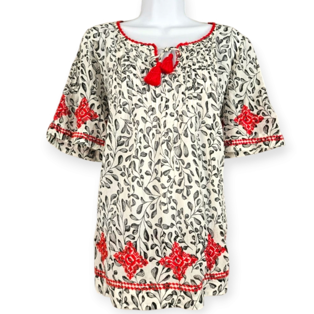 NWOT J Jill cream red black embroidered floral blouse top Womens Medium - Picture 2 of 12